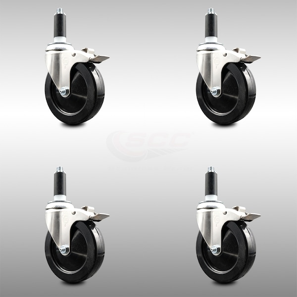 5 Inch 316SS Soft Rubber Swivel 1 Inch Expanding Stem Caster Set Lock Brake